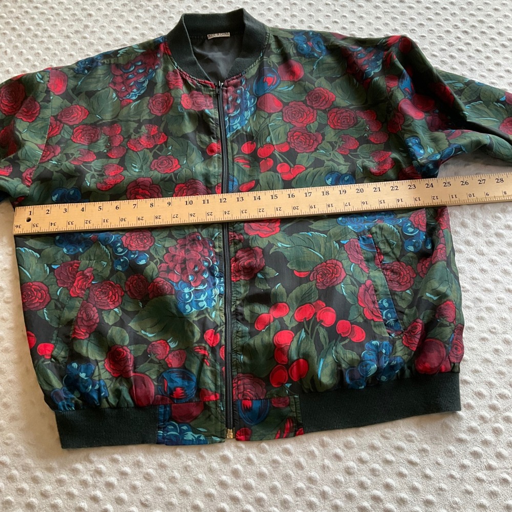 Vintage Silk Bomber Jacket‎ Womens OSFM Green Floral Rose Cherry Fruit Print - Picture 6 of 11